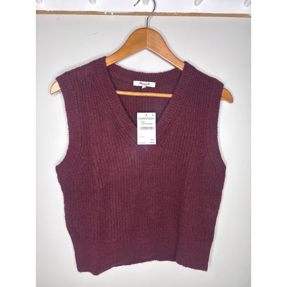 NWT Madewell Alpaca Blend Sweater‎ Vest Womens Burgundy Cabernet V Neck Cozy